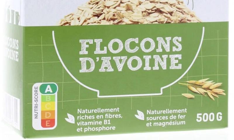 Paquet de flocons d’avoine, Nutri-Score A imprimé sur l’emballage