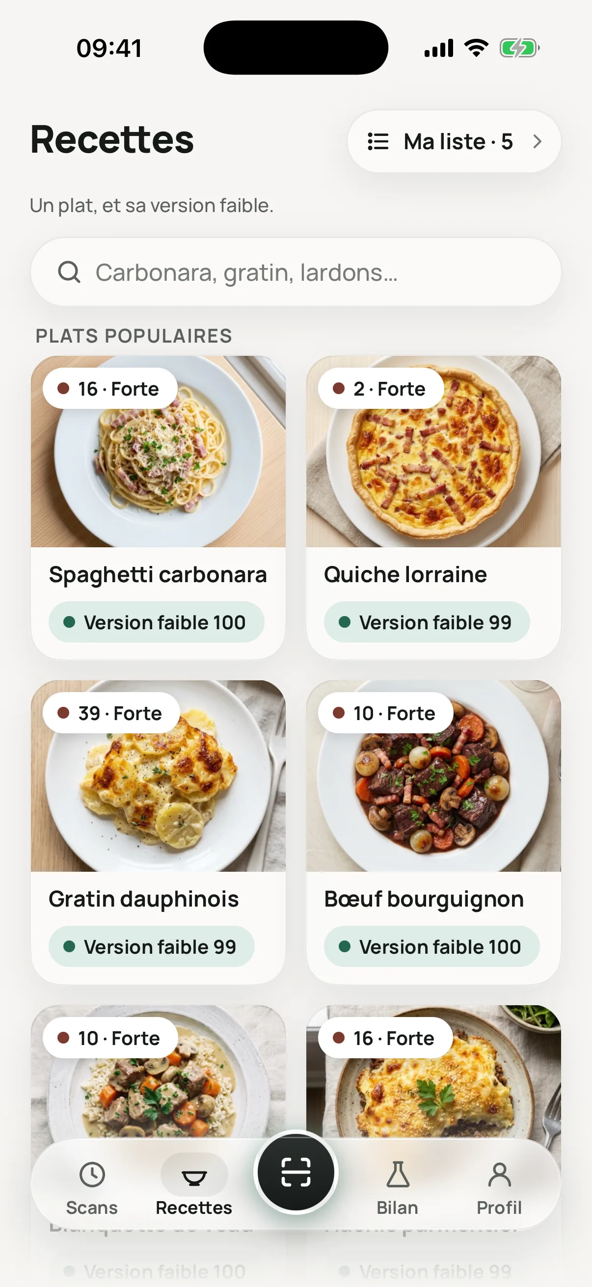 Les recettes et leur version à charge faible