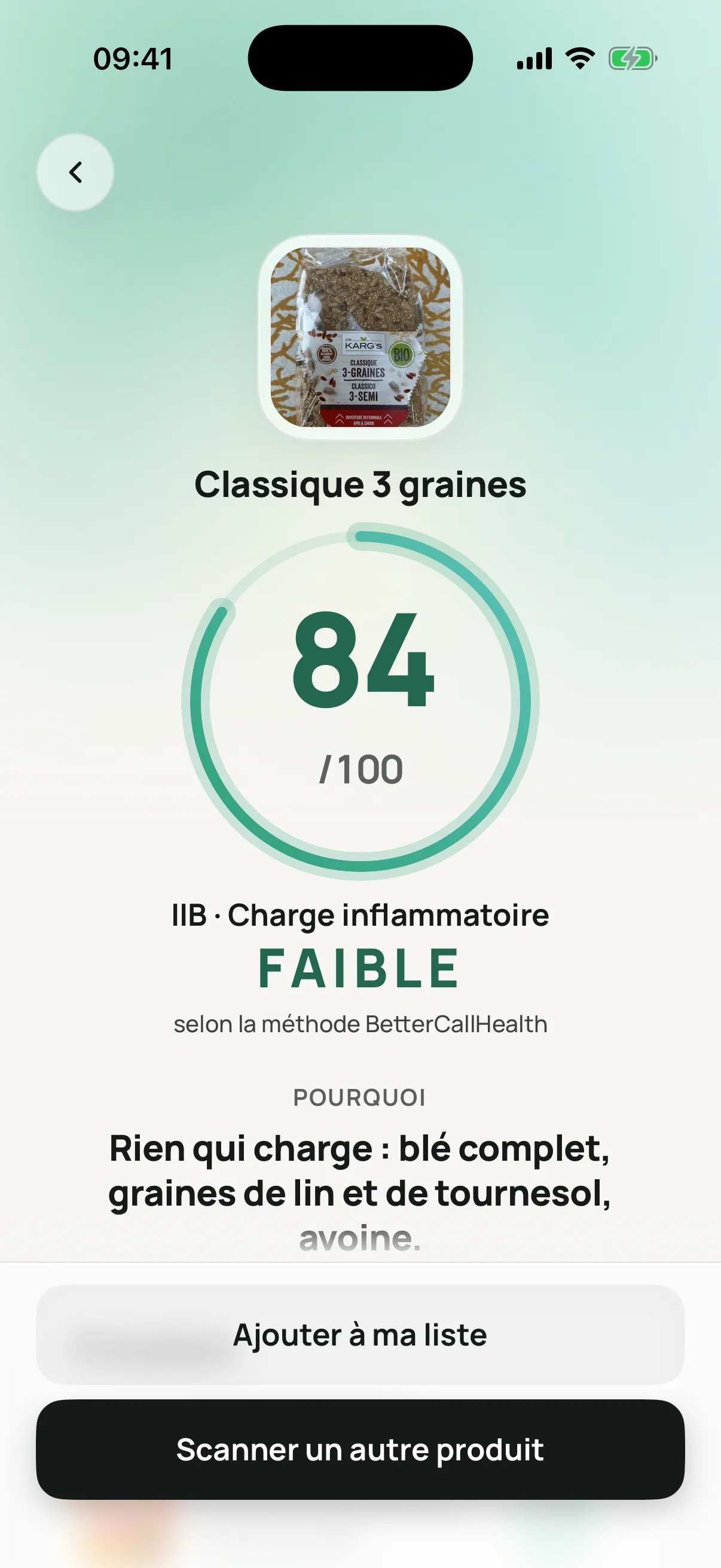 Résultat d’un produit dans BCH Scan : 84 sur 100, IIB, charge inflammatoire faible, et le pourquoi en une phrase